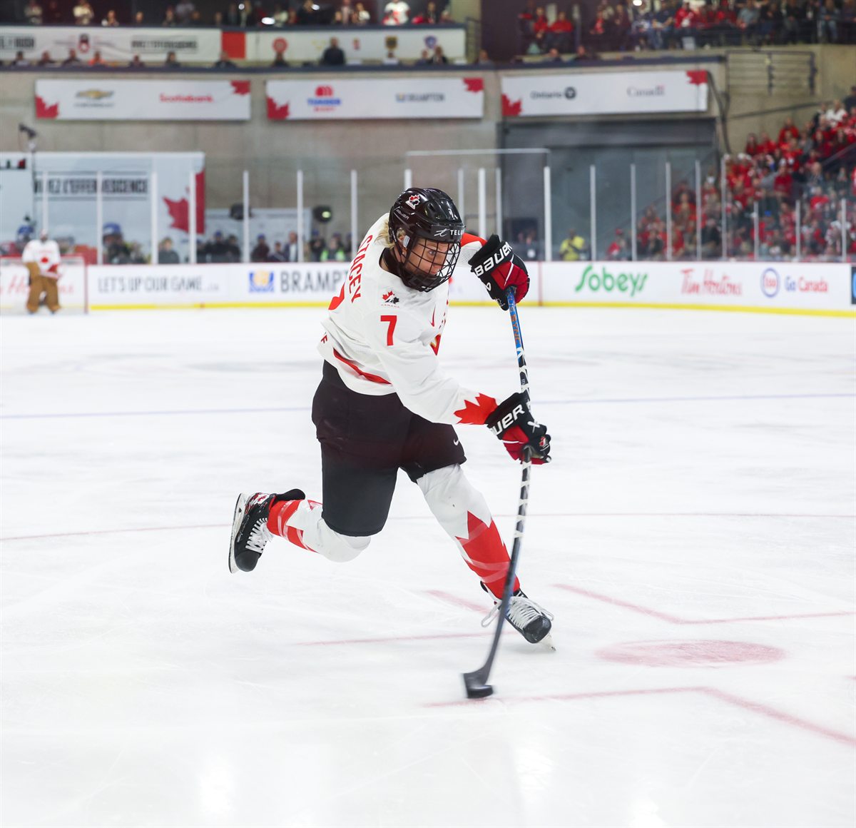Hockey player flexing his stick on the ice